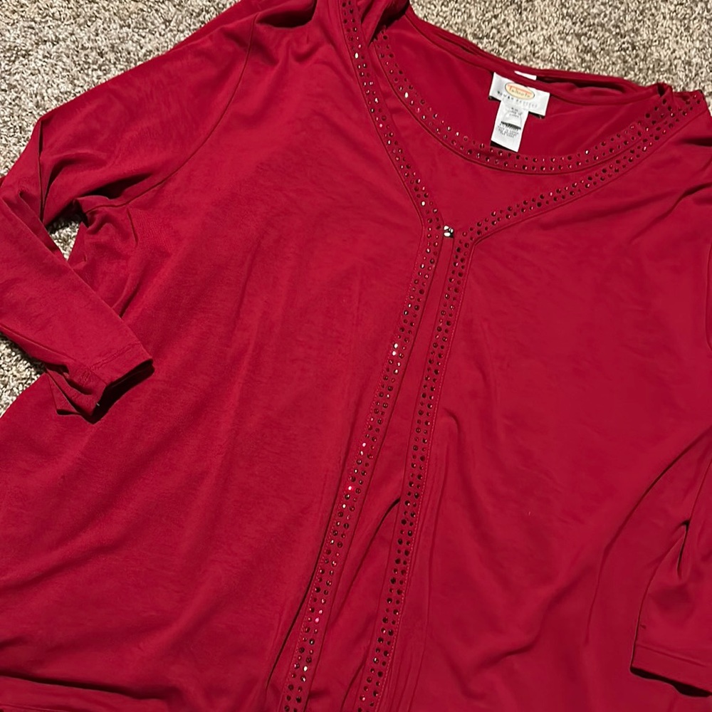 Talbots Woman Petites 2X red 2-pc tank & 3/4 slv top w/rhinestone trim - EUC!